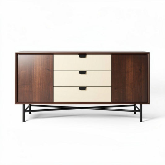 Lage kast met vier lades en twee deuren van hout en metaal 150 x 45 x 75cm