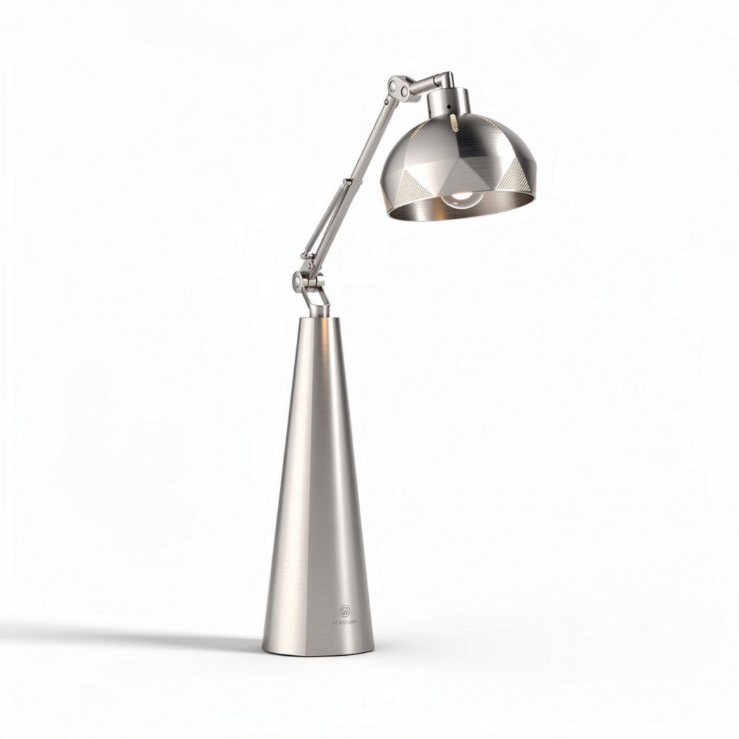 Zilveren bureaulamp met verstelbare arm van metaal en een hoogte van 150 cm