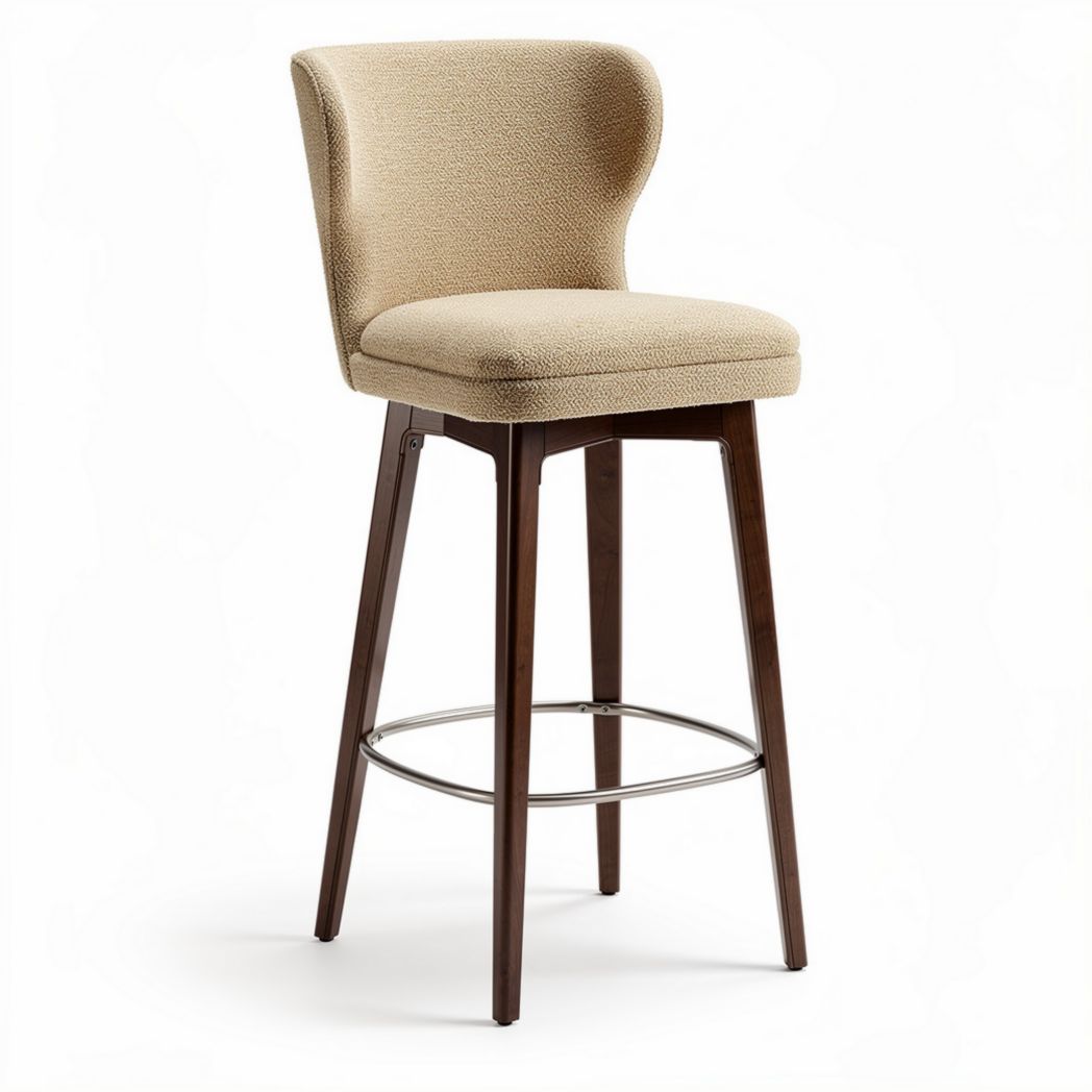 Hoge barkruk van textiel met houten onderstel in beige kleur 45 x 45 x 100cm